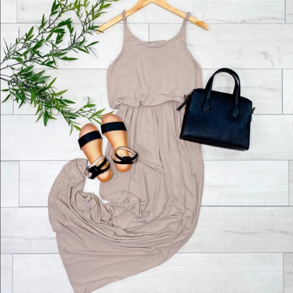 Tan Gathered Waist Maxi Dress